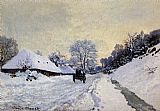 A Cart On The Snow Covered Road With Saint Simeon Farm by Claude Monet
